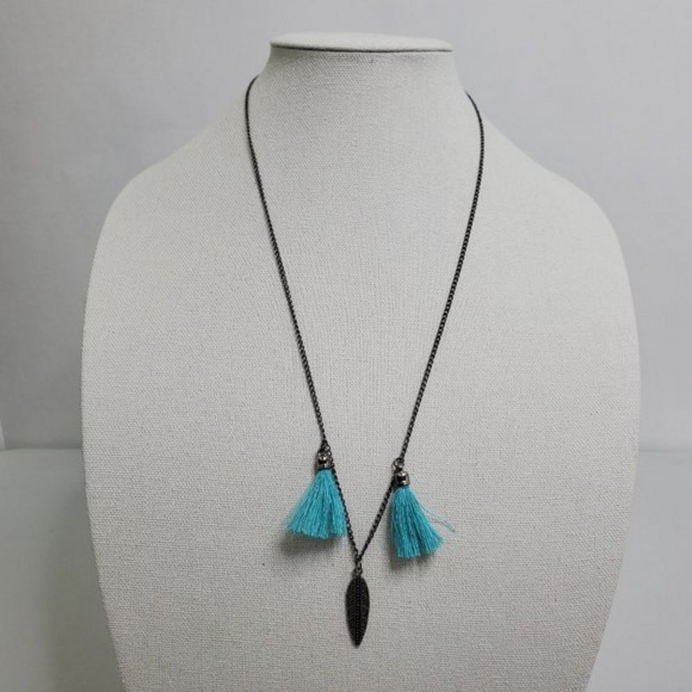 Tassel Necklace Chain Gunmetal Tone Gray‎ Blue Frin